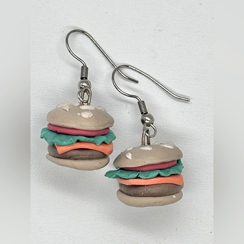 Clay Hamburger Earrings Hooks Pierced Novelty
